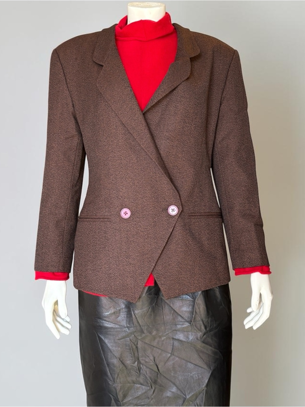 Vintage Biba Brown 100% Pure Wool Double-Breasted Blazer Size 42/M Shoulder Pads